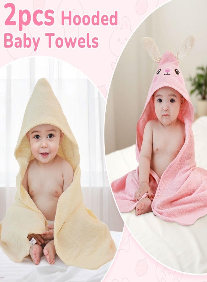 منشفتان للأطفال بغطاء رأس بتصميم قلعة وحيد القرن، مصنوعتان من الموسلين بنسبة 100%، مناشف استحمام للأطفال حديثي الولادة بتصميم حيواني، فائقة النعومة، مقاس 30 × 30 بوصة، لون أرنب وردي - بيج - Image 4